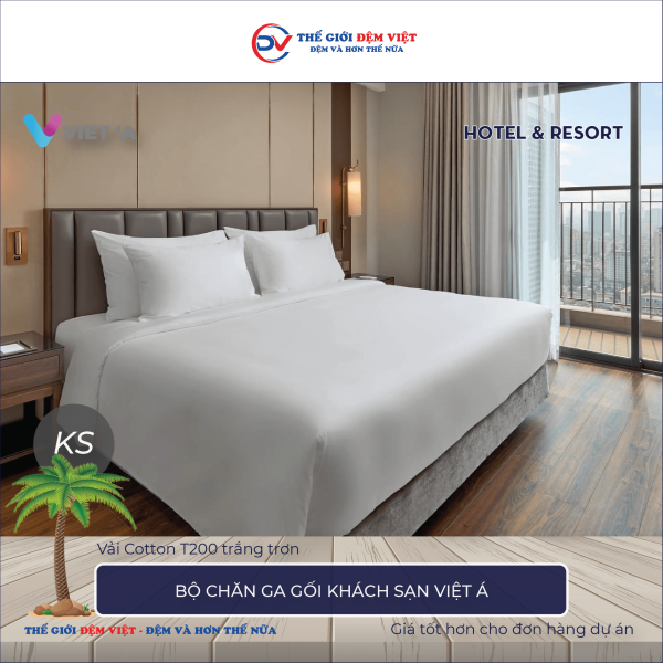 Bộ chăn ga gối khách sạn Việt Á Cotton T200 trắng trơn